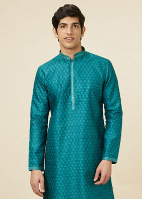 Manyavar Men Peacock Green Jaal Patterned Kurta Set