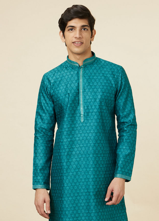 Manyavar Men Peacock Green Jaal Patterned Kurta Set