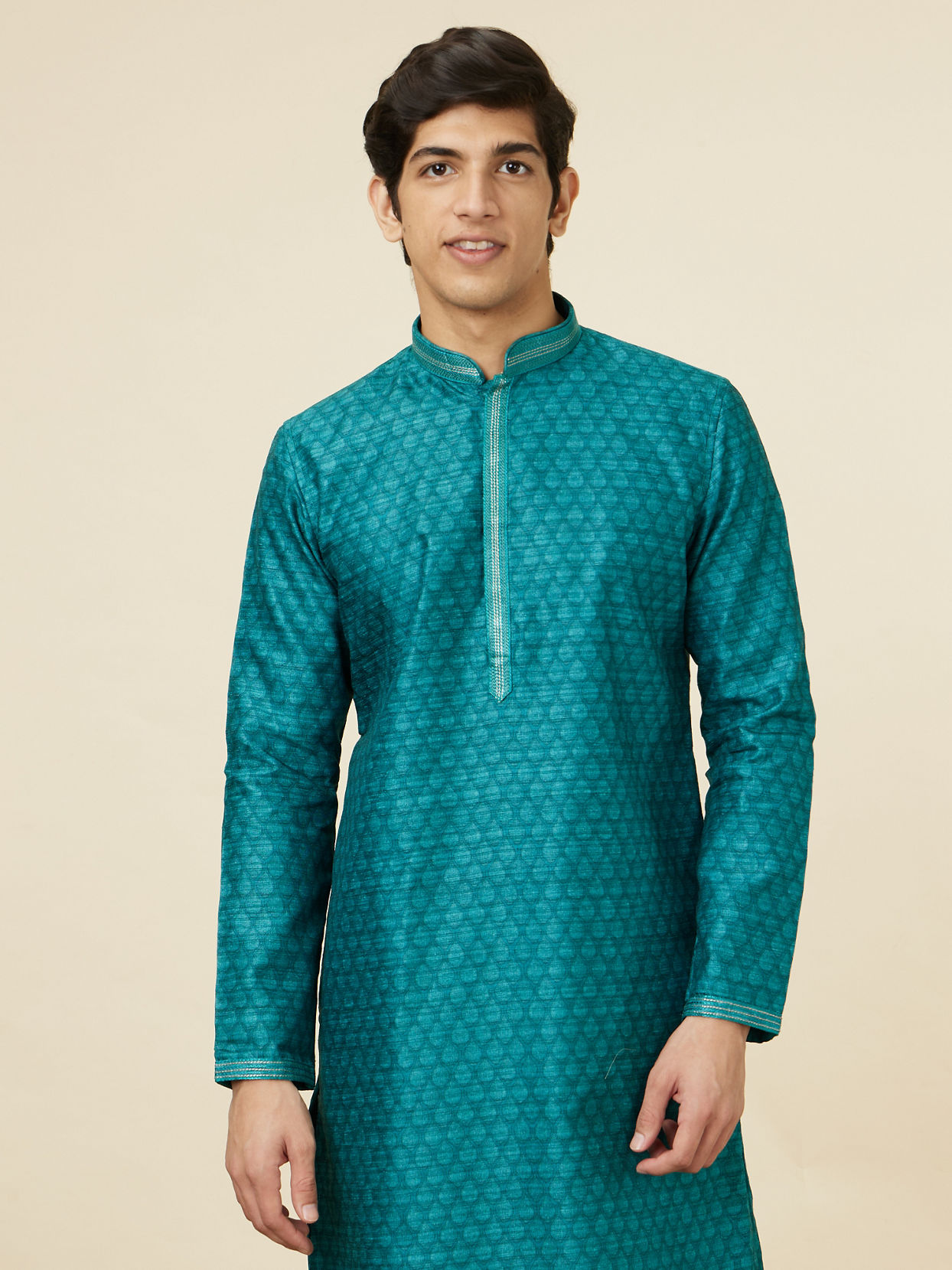 Manyavar Men Peacock Green Jaal Patterned Kurta Set