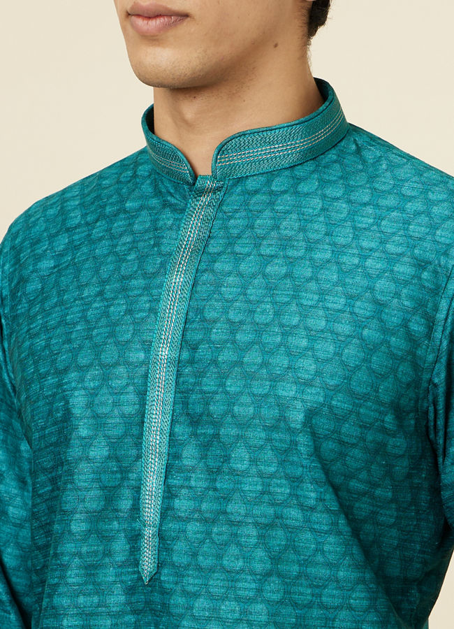 Manyavar Men Peacock Green Jaal Patterned Kurta Set
