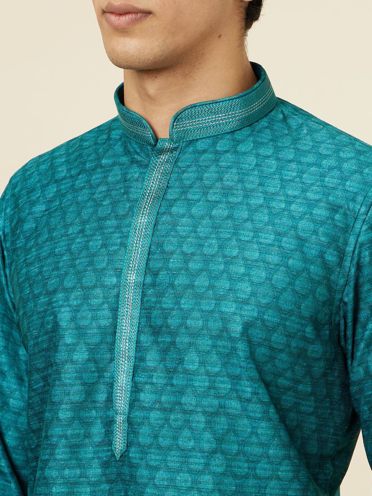 Manyavar Men Peacock Green Jaal Patterned Kurta Set