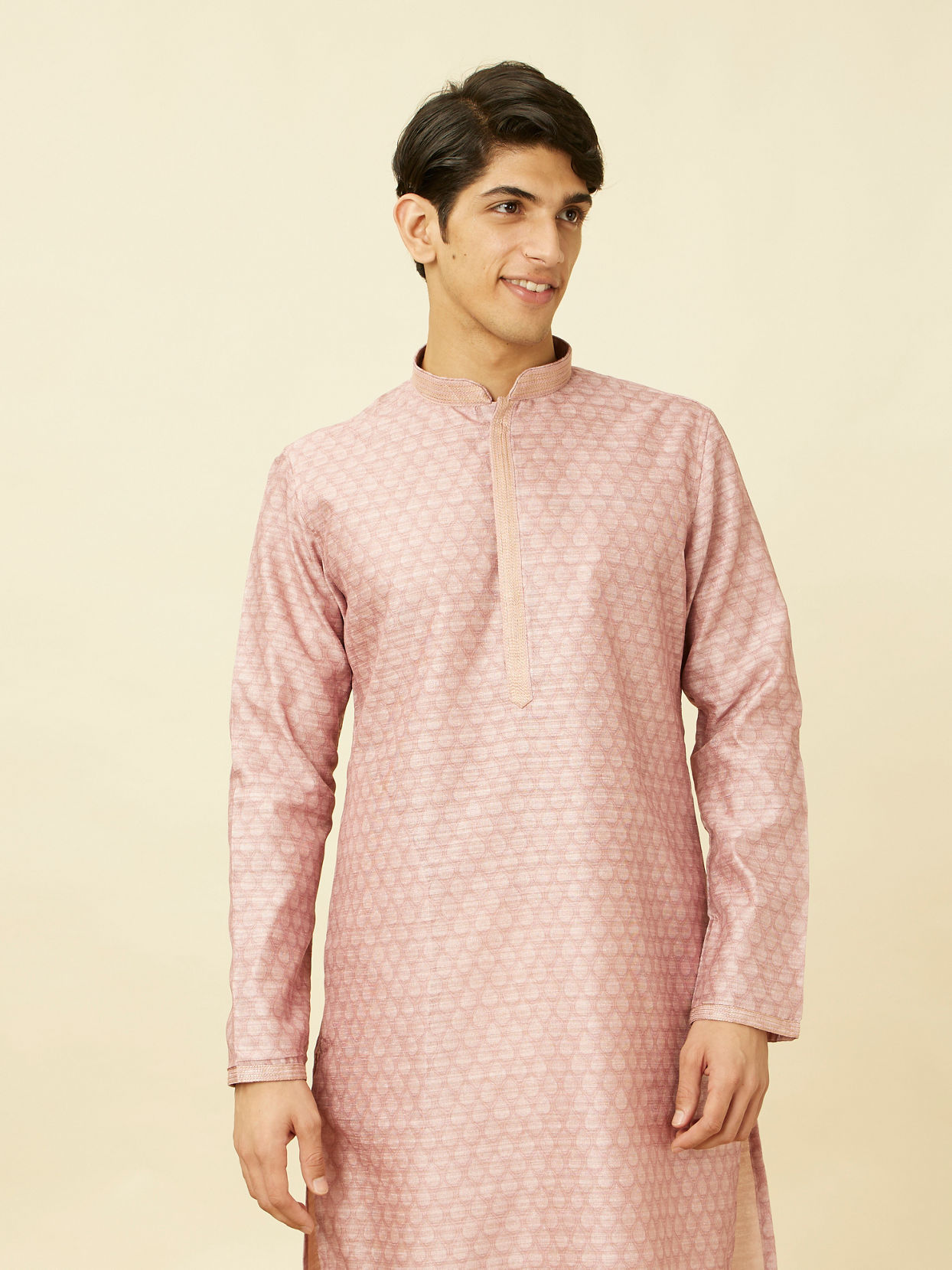 Manyavar Men Flamingo Pink Shankh Motif Kurta Set