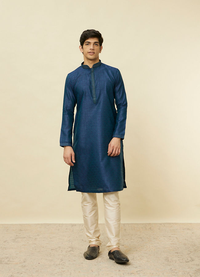 Manyavar Men Teal Blue Diamond Patterned Kurta Set