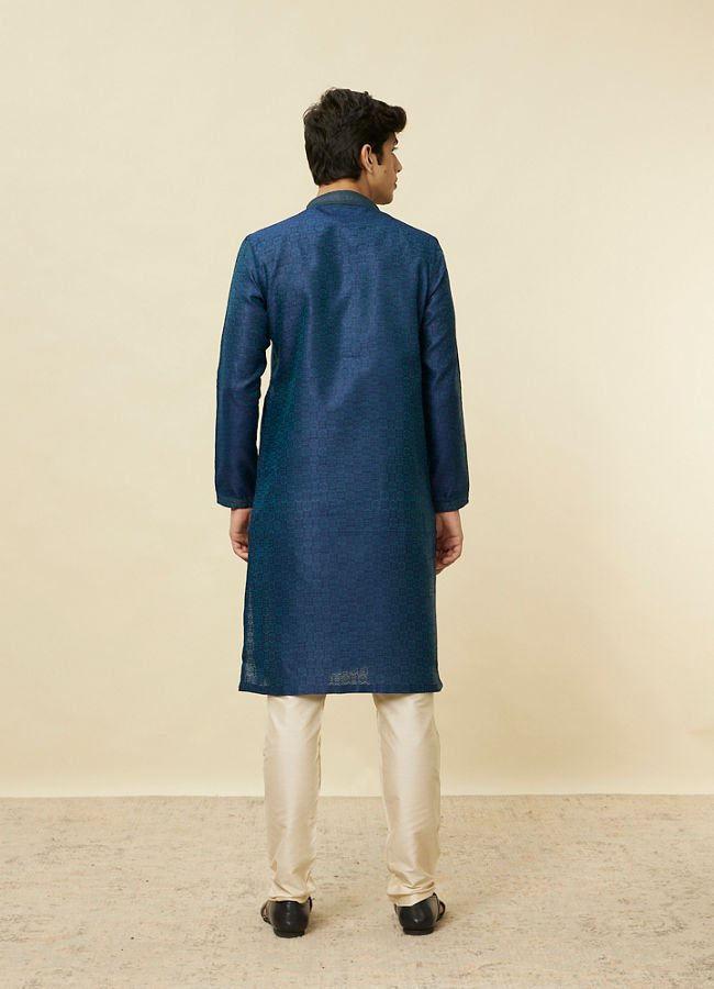 Manyavar Men Teal Blue Diamond Patterned Kurta Set