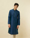 Manyavar Men Teal Blue Diamond Patterned Kurta Set