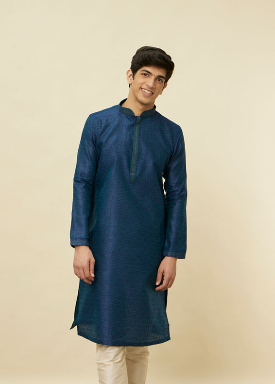 Manyavar Men Teal Blue Diamond Patterned Kurta Set