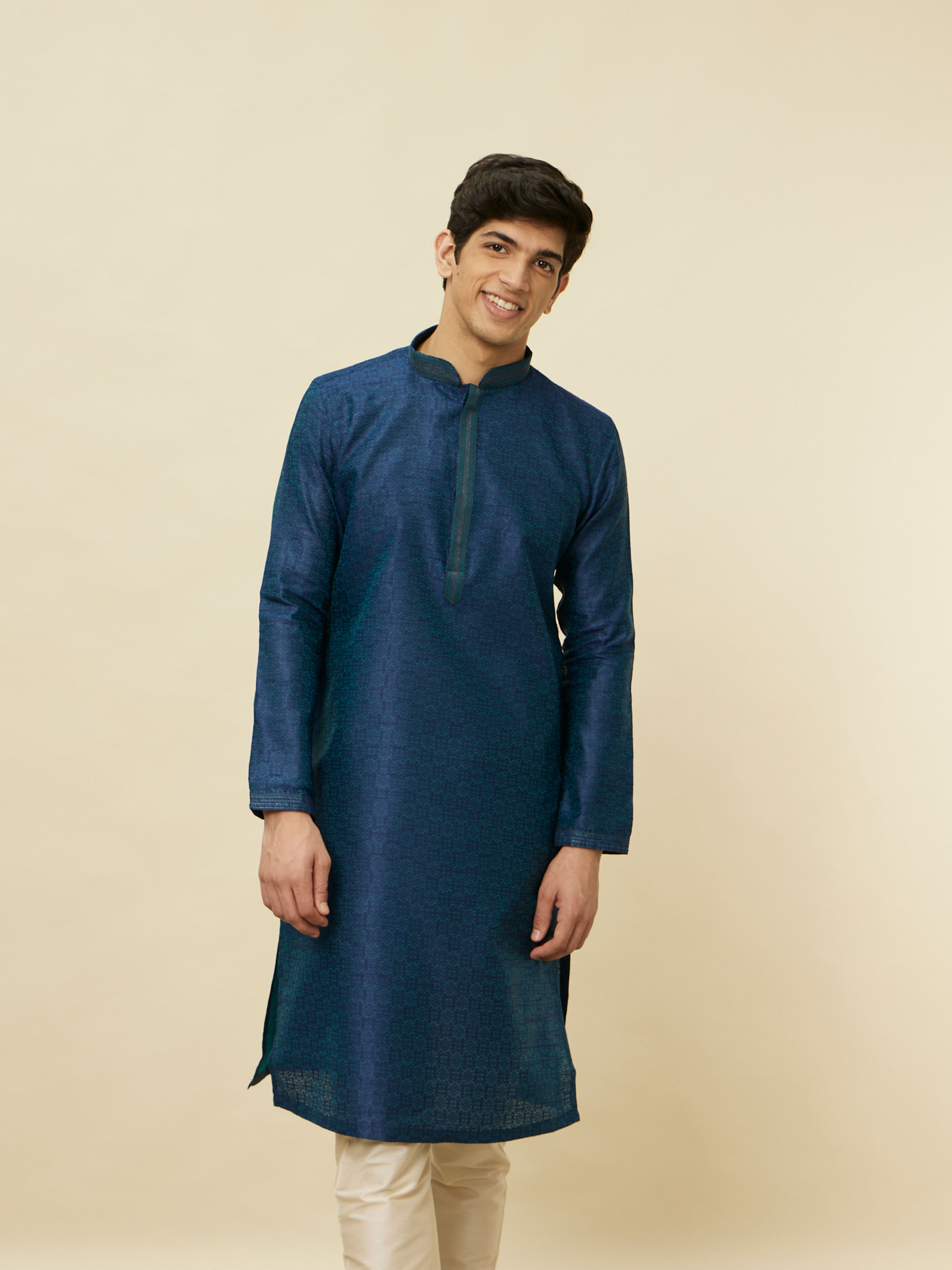 Manyavar Men Teal Blue Diamond Patterned Kurta Set