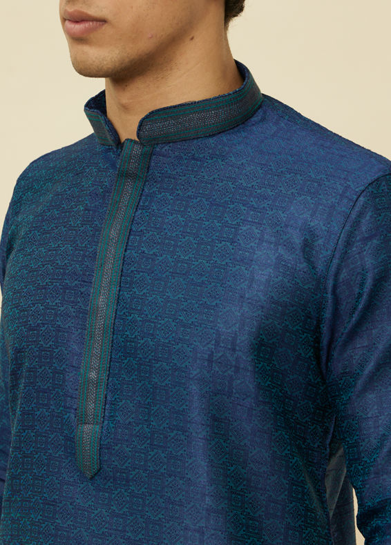 Manyavar Men Teal Blue Diamond Patterned Kurta Set