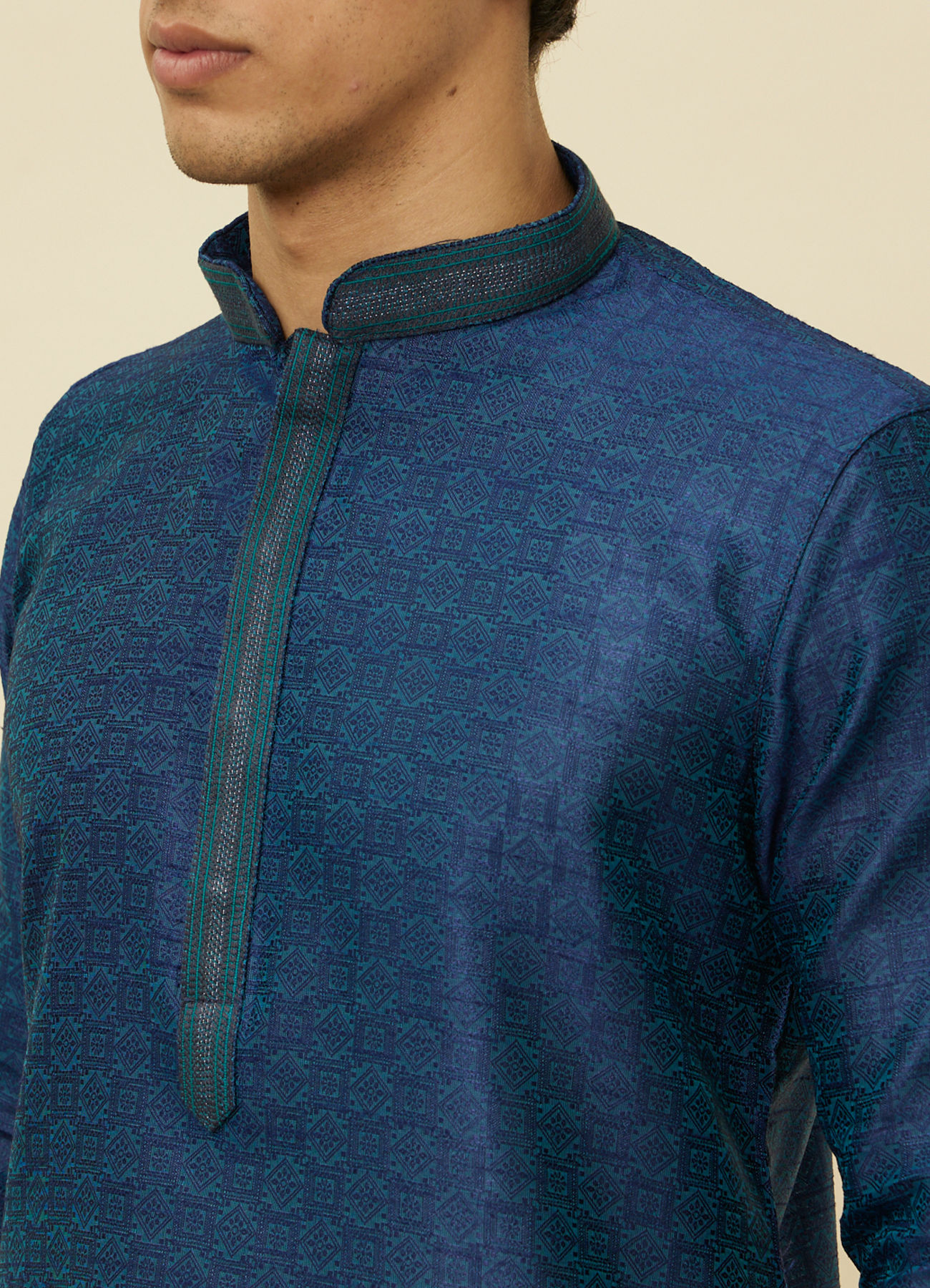 Manyavar Men Teal Blue Diamond Patterned Kurta Set