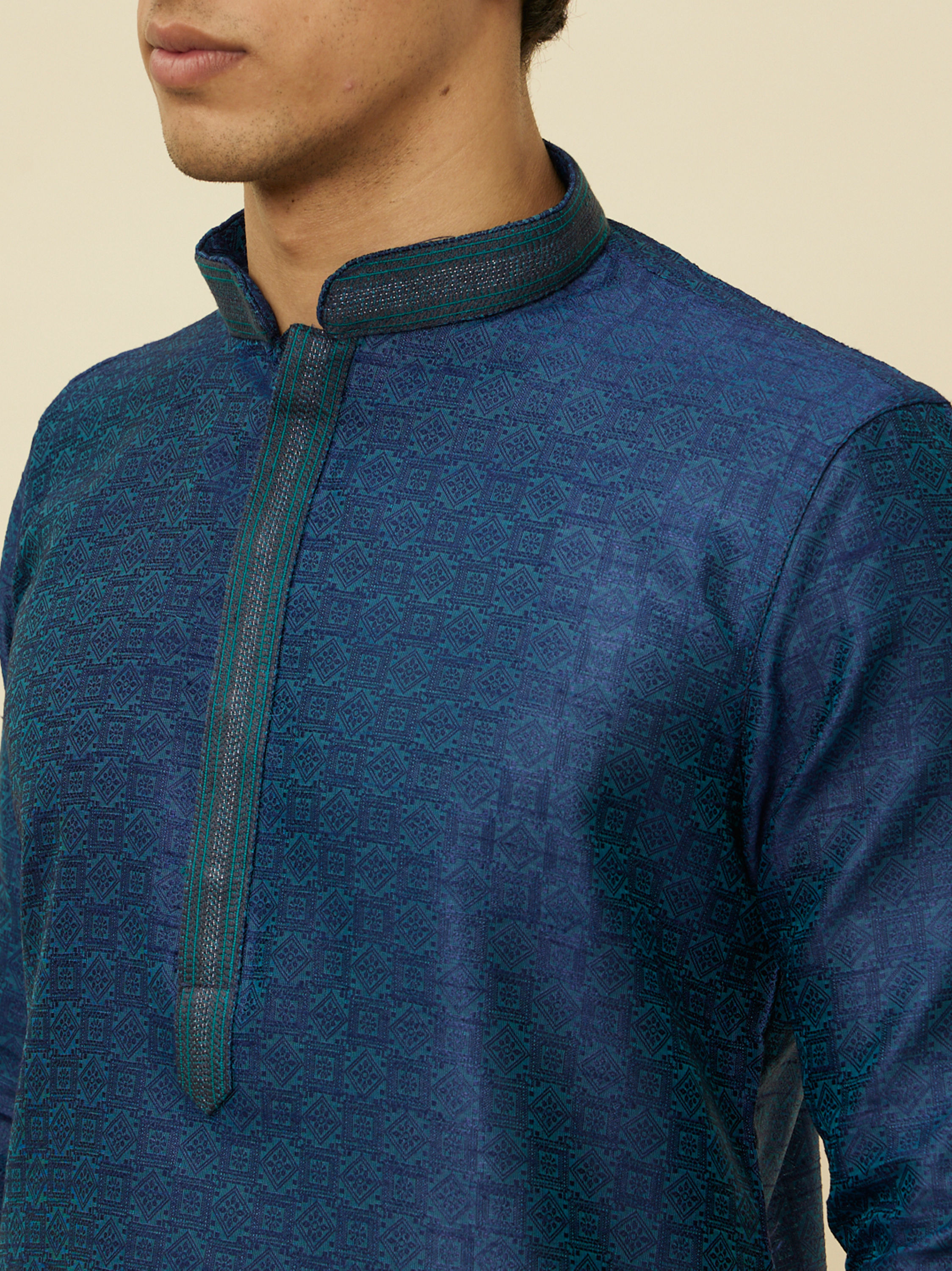 Manyavar Men Teal Blue Diamond Patterned Kurta Set