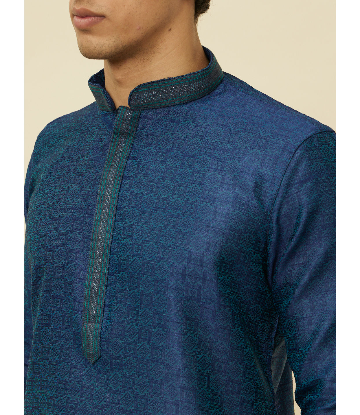 Manyavar Men Teal Blue Diamond Patterned Kurta Set