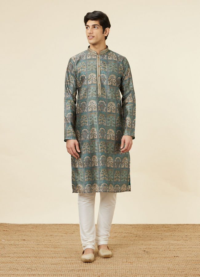 Manyavar Men Marble Blue Tree Of Life Print Kurta Set image number 2