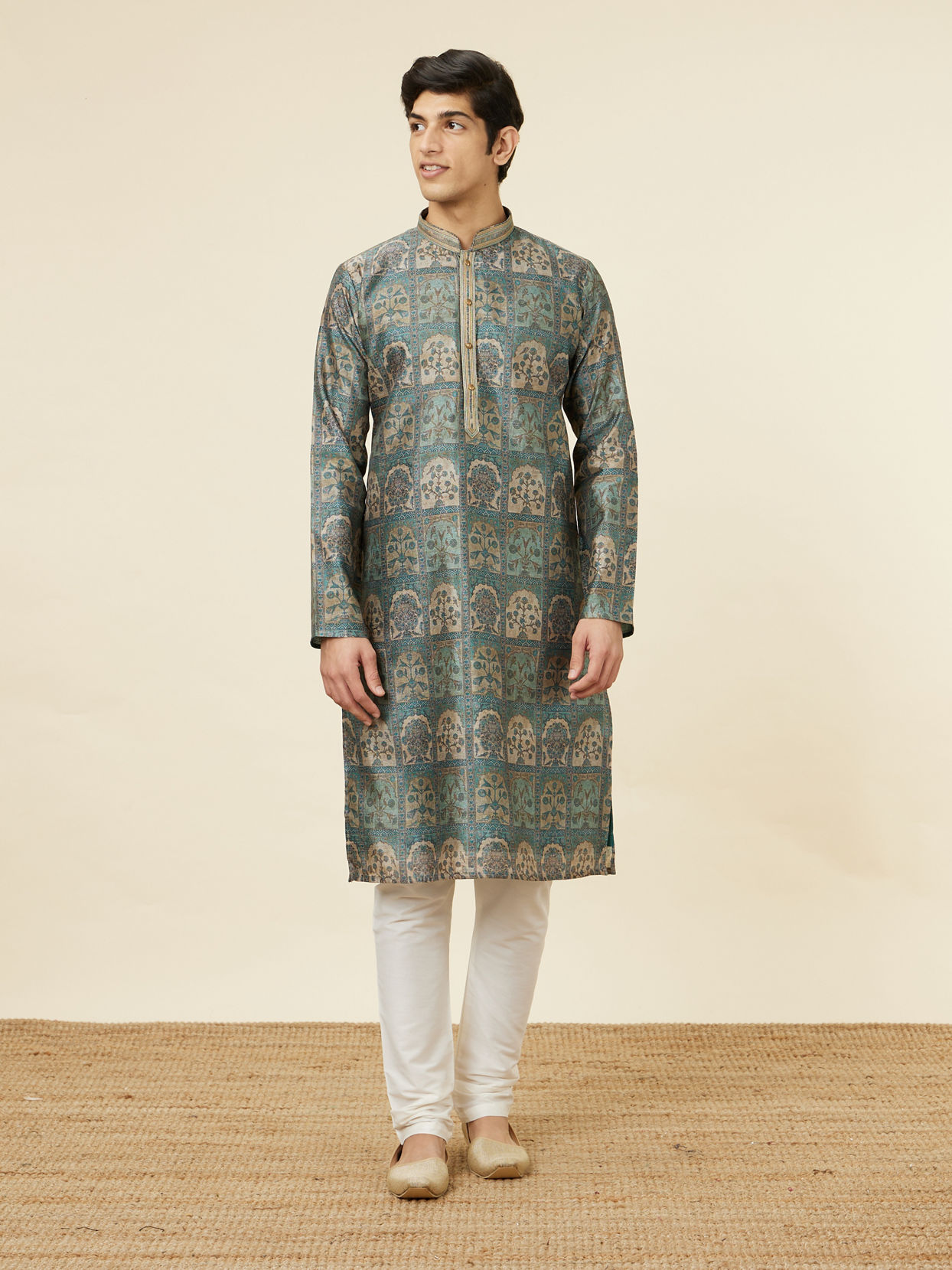 Manyavar Men Marble Blue Tree Of Life Print Kurta Set image number 2