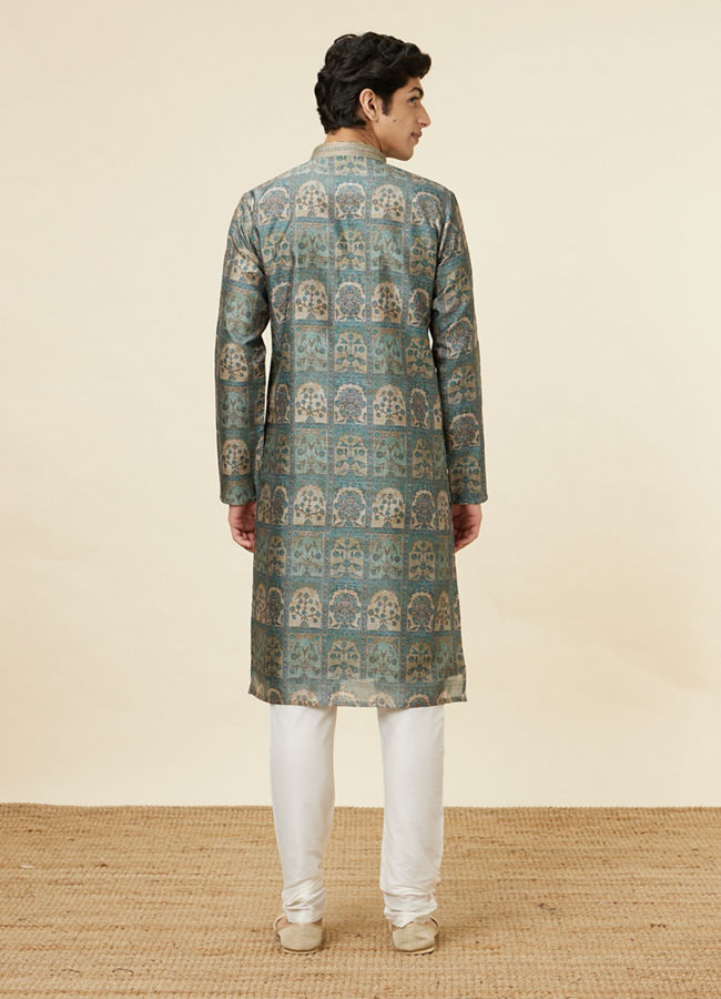 Manyavar Men Marble Blue Tree Of Life Print Kurta Set image number 5