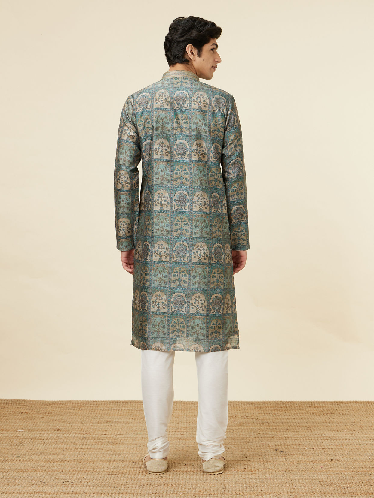 Manyavar Men Marble Blue Tree Of Life Print Kurta Set image number 5