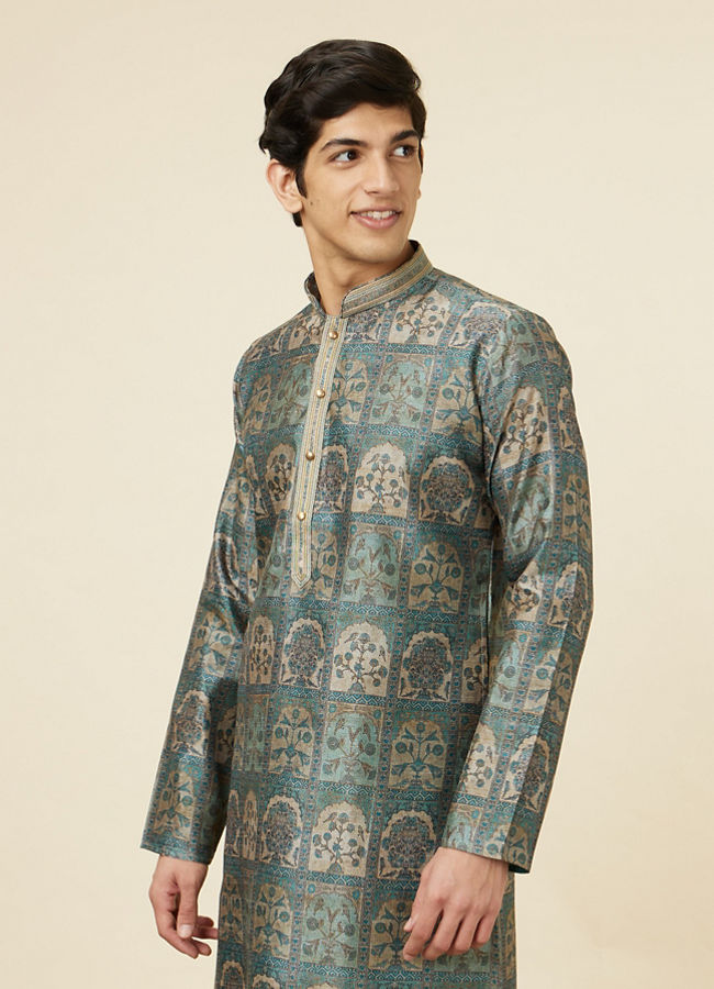 Manyavar Men Marble Blue Tree Of Life Print Kurta Set