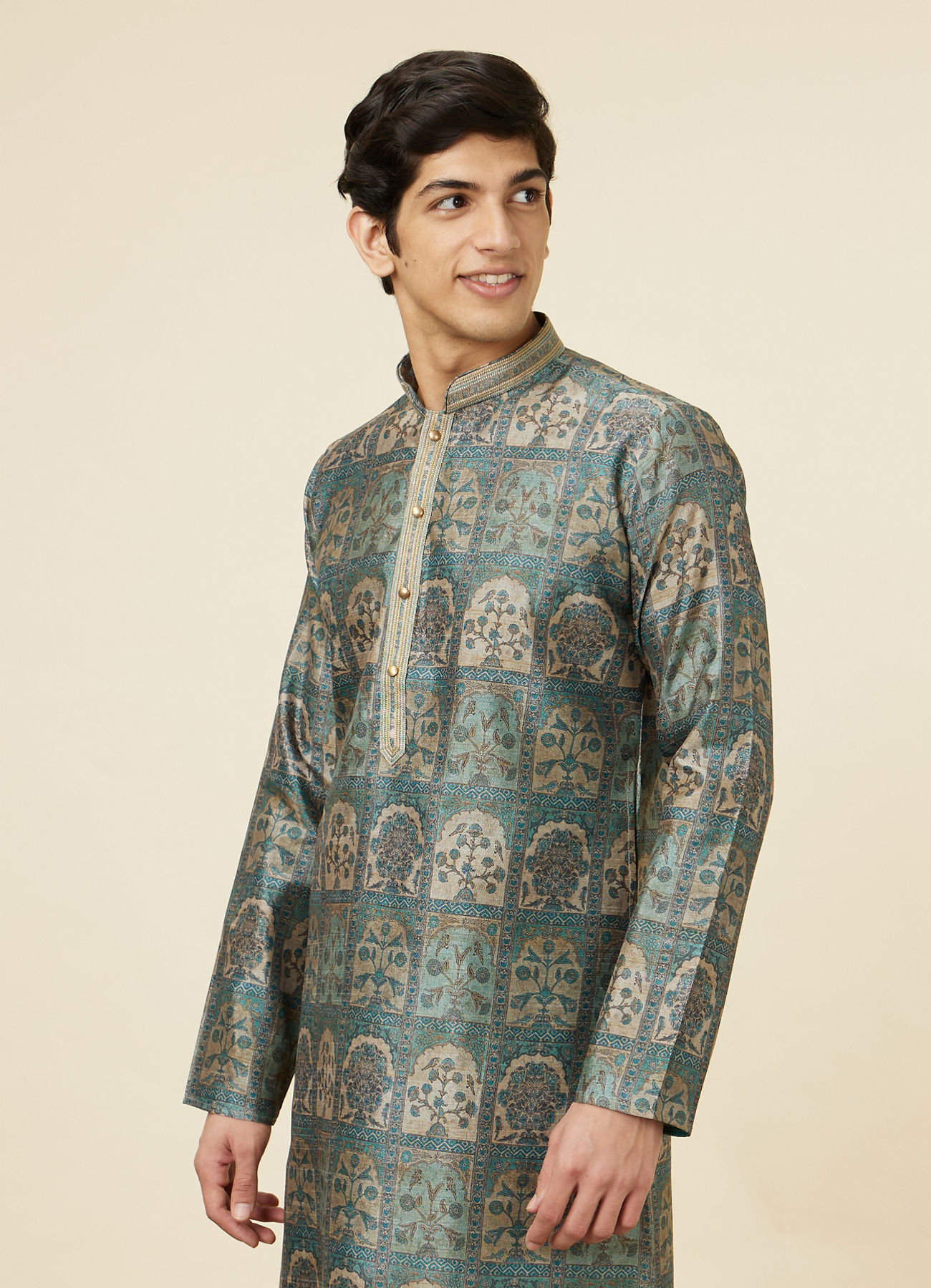 Manyavar Men Marble Blue Tree Of Life Print Kurta Set