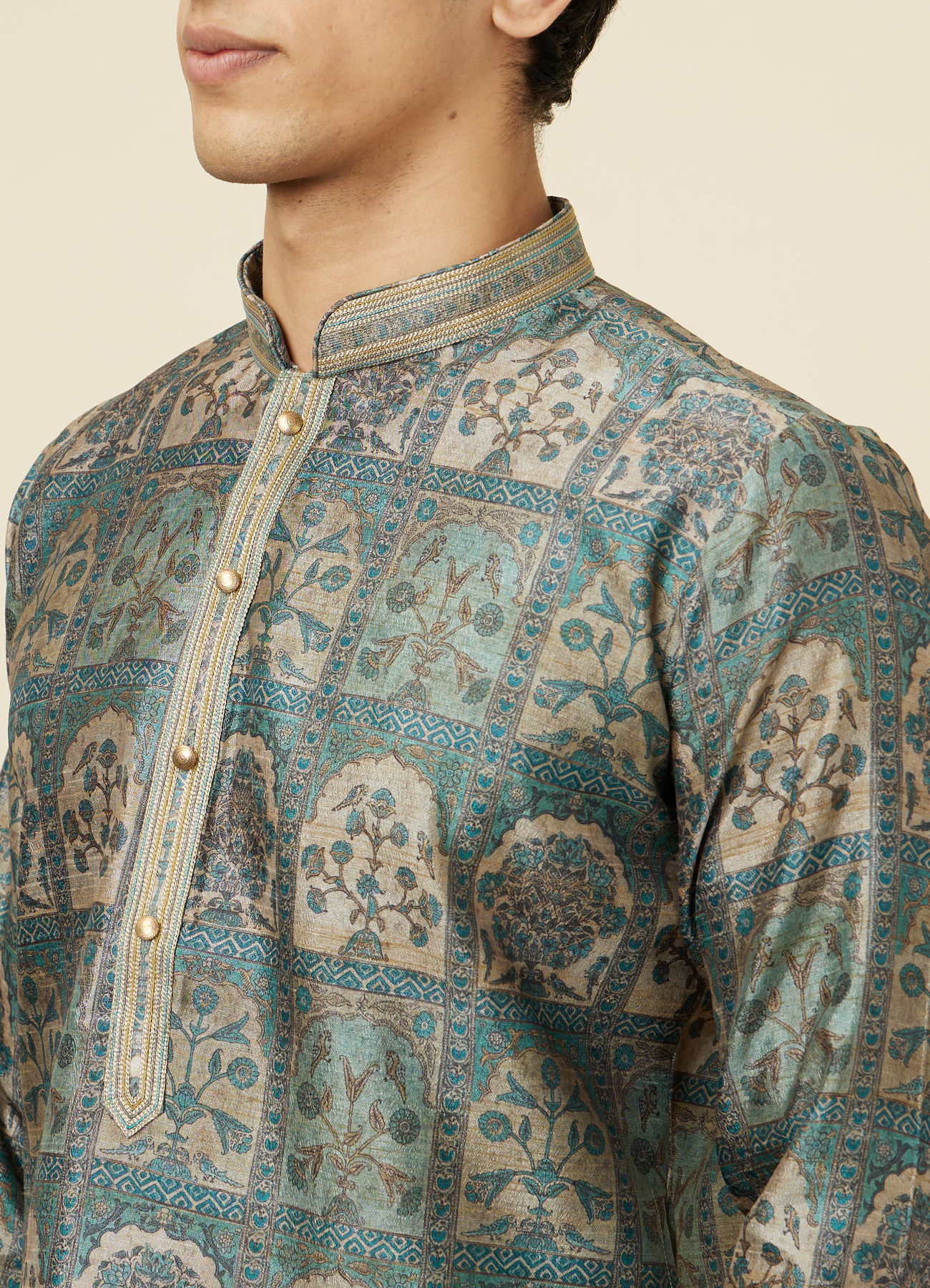 Manyavar Men Marble Blue Tree Of Life Print Kurta Set