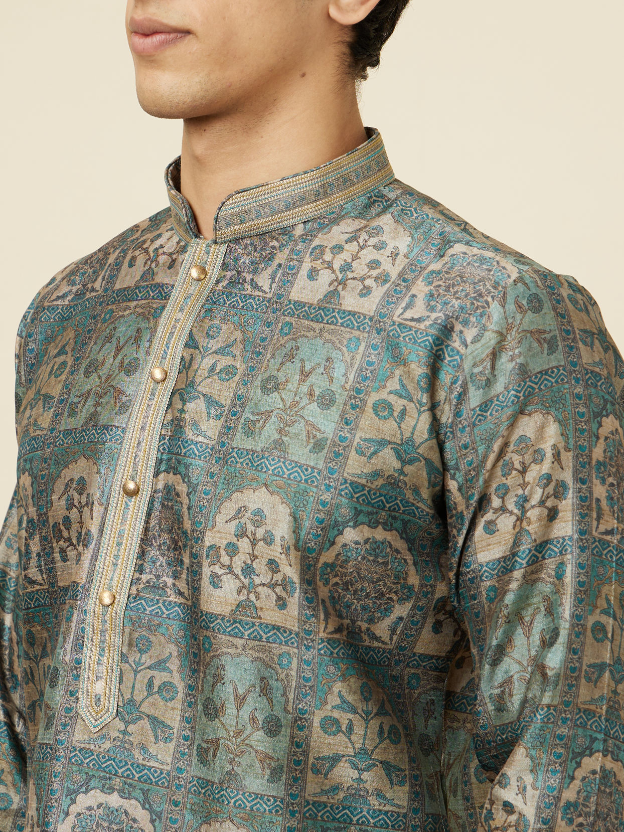 Manyavar Men Marble Blue Tree Of Life Print Kurta Set
