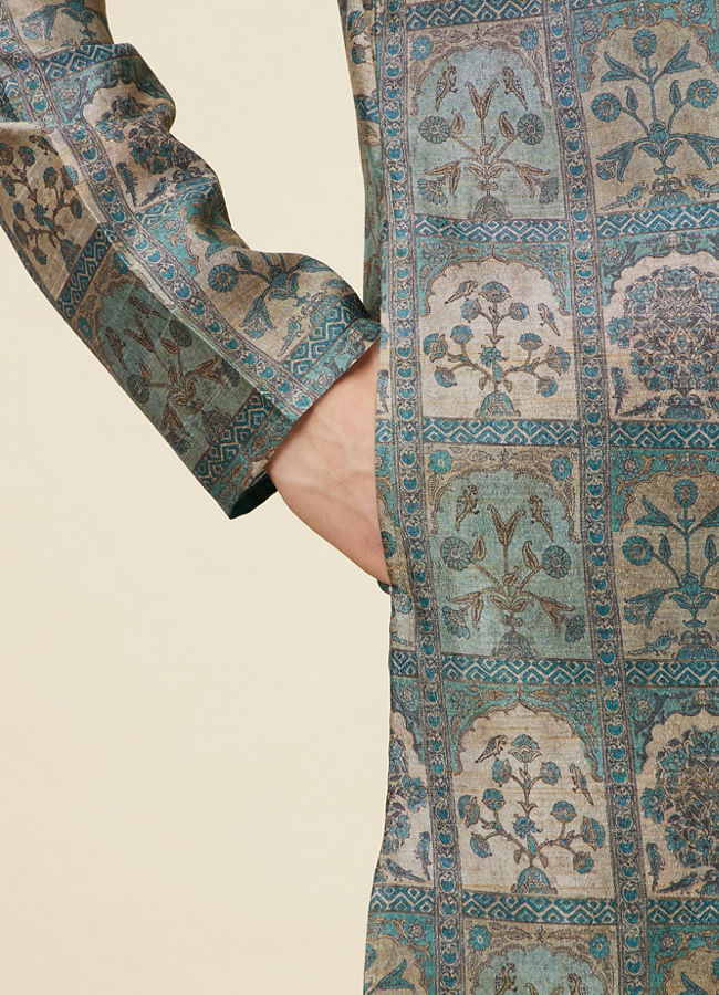 Manyavar Men Marble Blue Tree Of Life Print Kurta Set