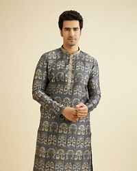 Manyavar Men Oxford Blue Tree Of Life Printed Kurta Set