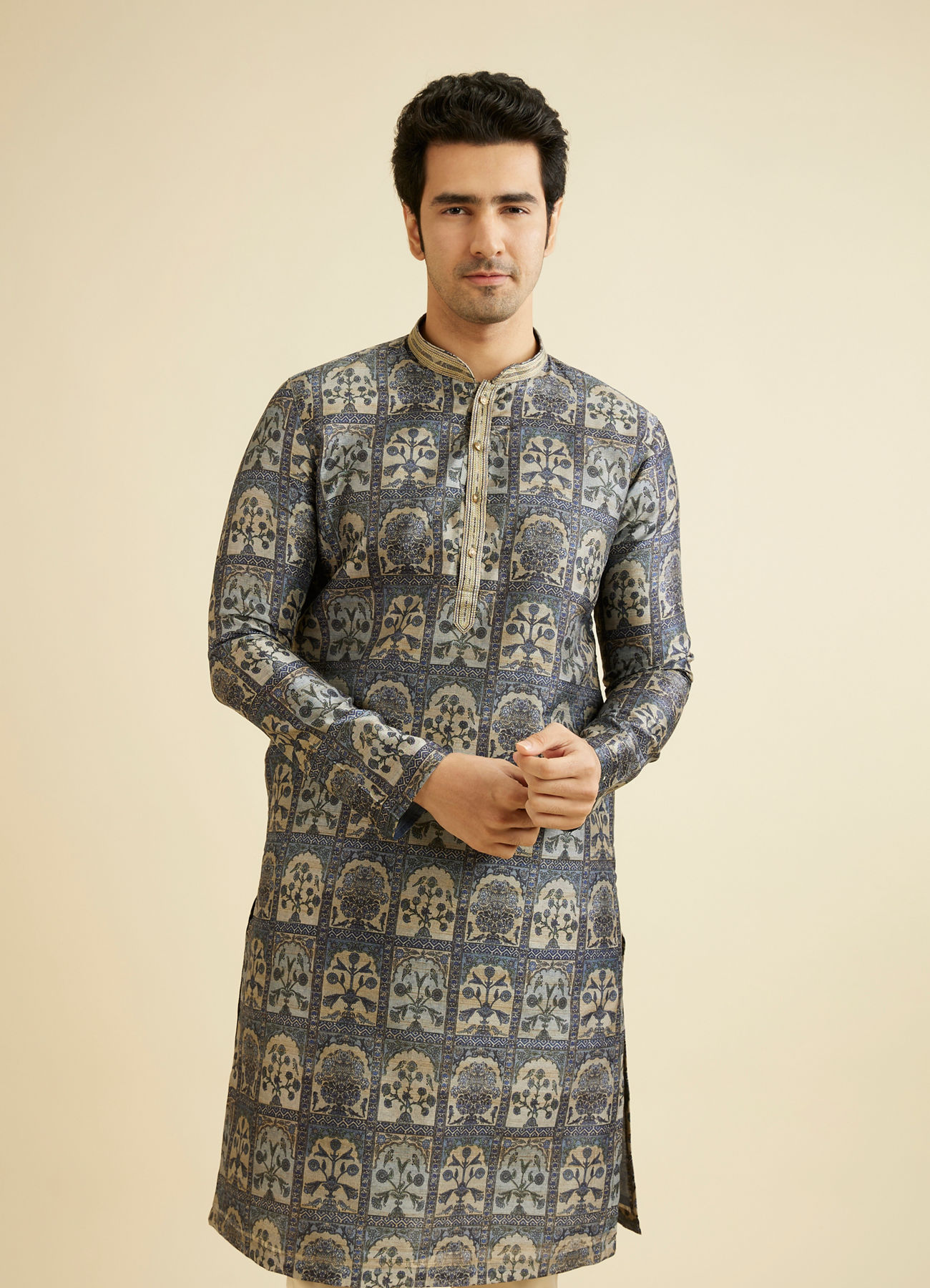 Manyavar Men Oxford Blue Tree Of Life Printed Kurta Set