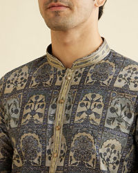 Manyavar Men Oxford Blue Tree Of Life Printed Kurta Set