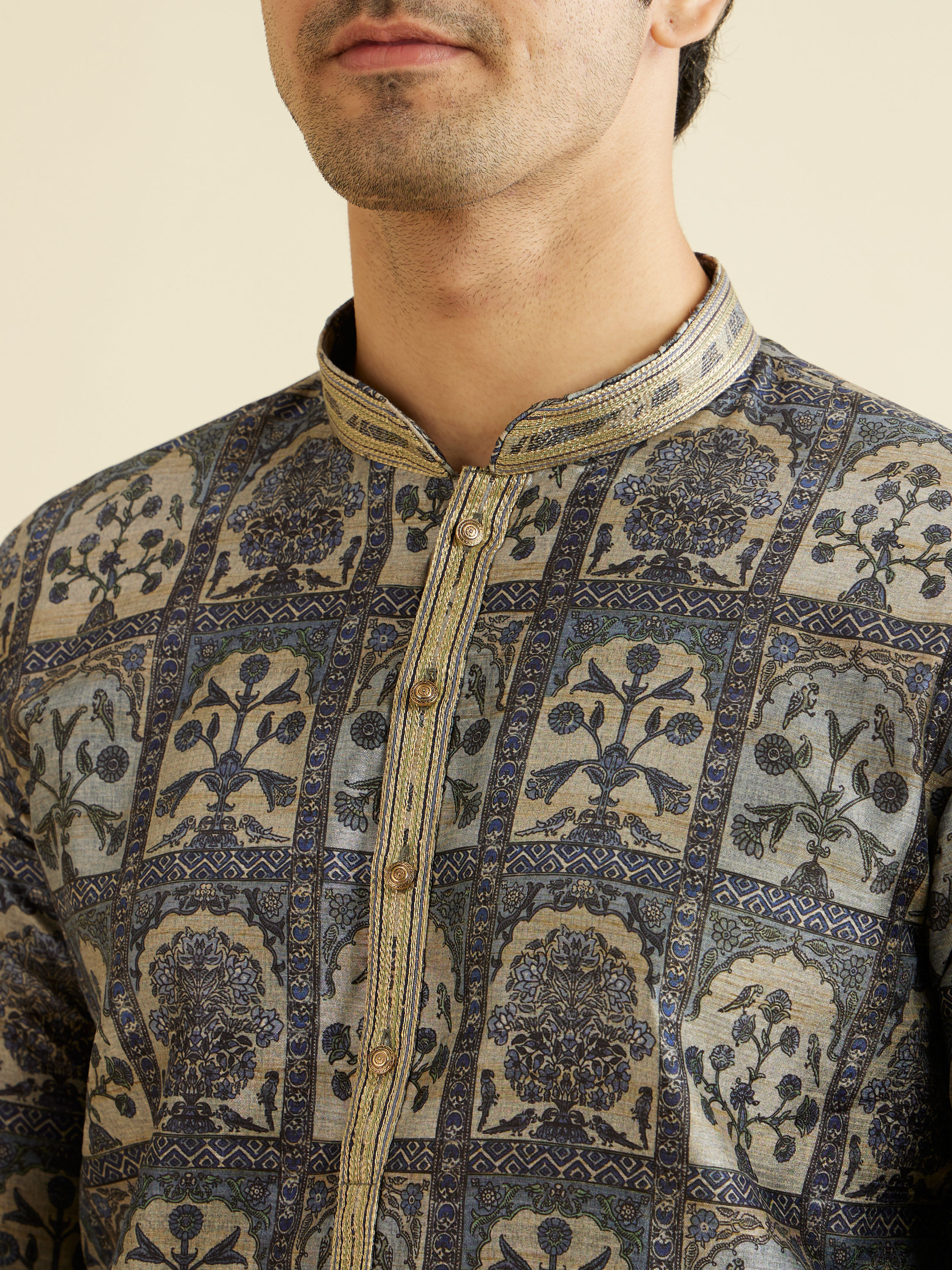 Manyavar Men Oxford Blue Tree Of Life Printed Kurta Set