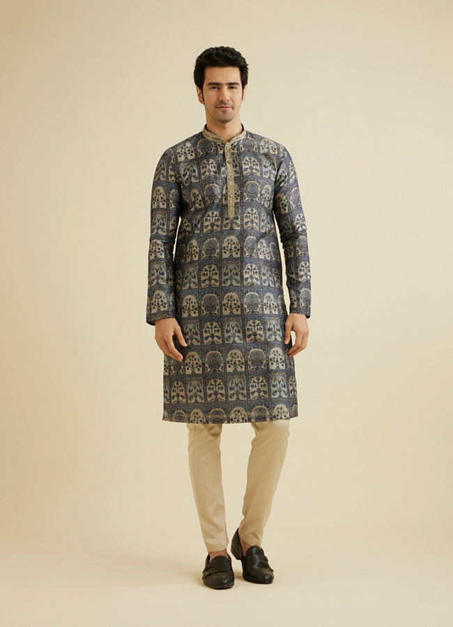Manyavar Men Oxford Blue Tree Of Life Printed Kurta Set