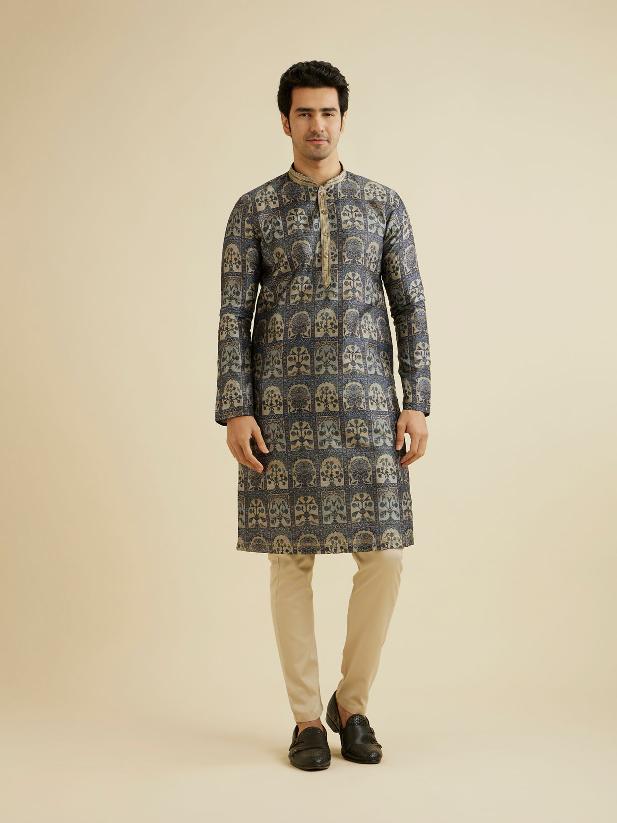 Manyavar Men Oxford Blue Tree Of Life Printed Kurta Set