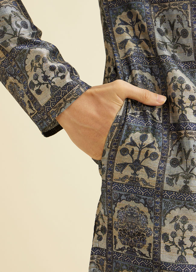 Manyavar Men Oxford Blue Tree Of Life Printed Kurta Set