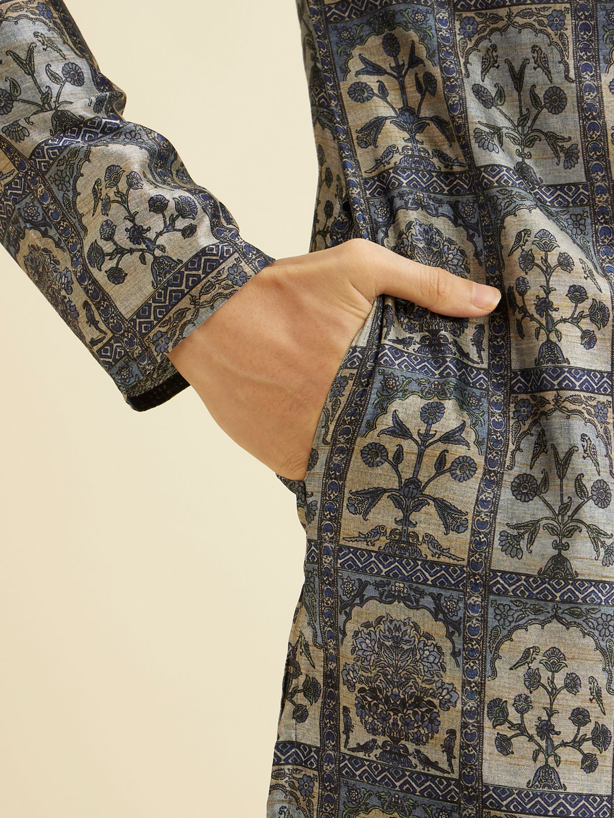 Manyavar Men Oxford Blue Tree Of Life Printed Kurta Set