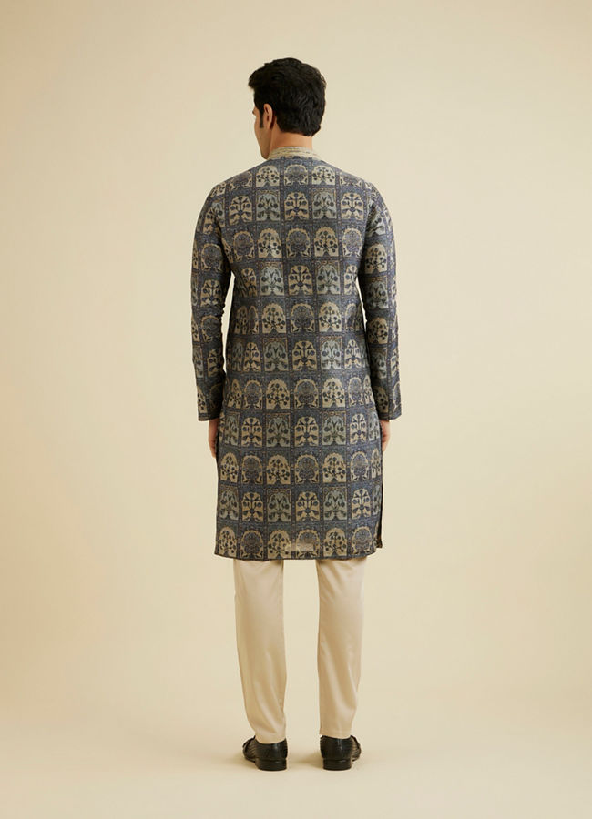 Manyavar Men Oxford Blue Tree Of Life Printed Kurta Set