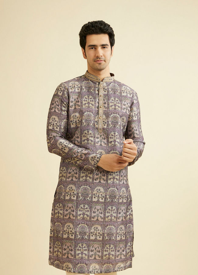 Manyavar Men Soft Lilac Tree Of Life Printed Kurta Set