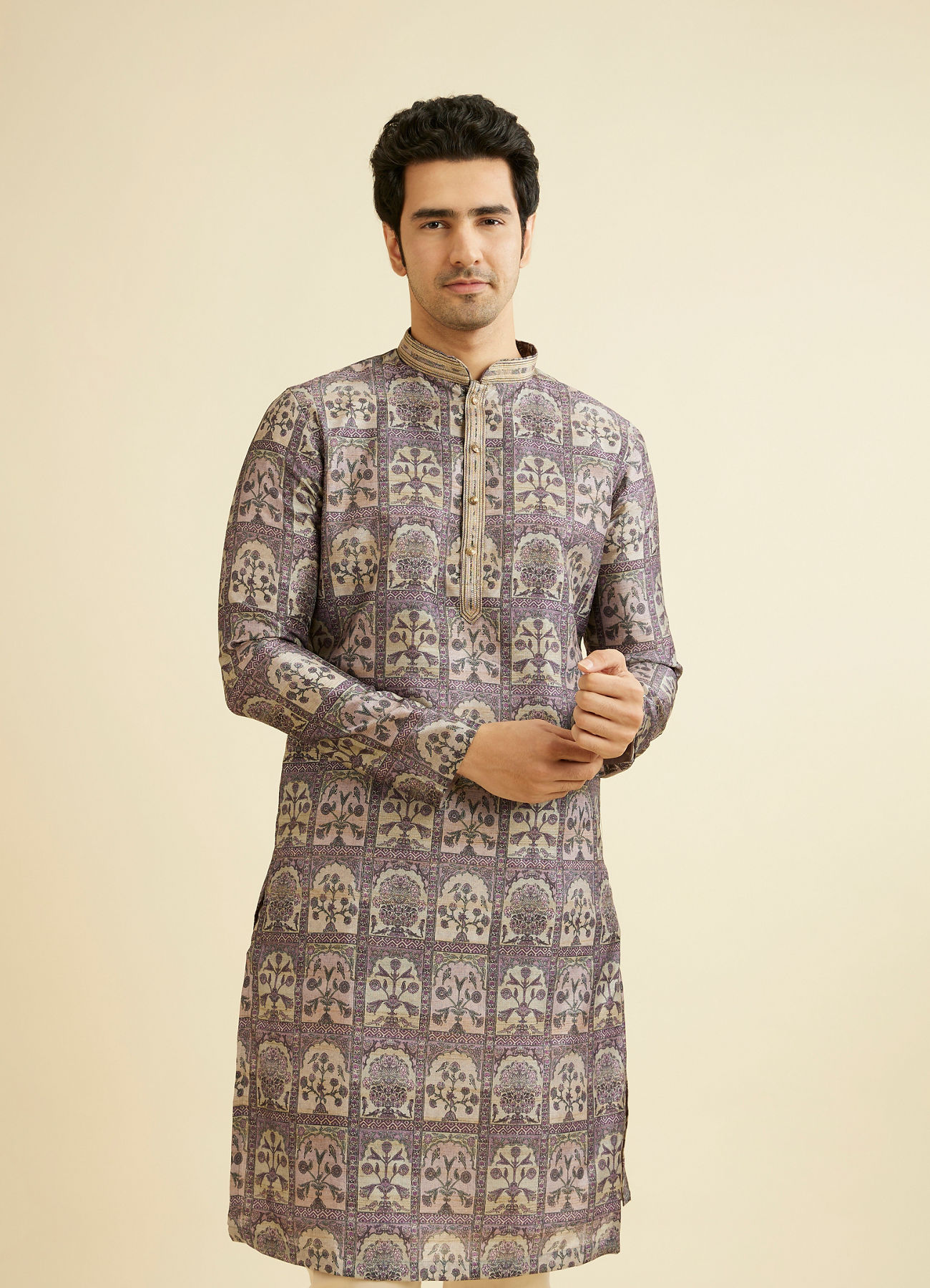 Manyavar Men Soft Lilac Tree Of Life Printed Kurta Set
