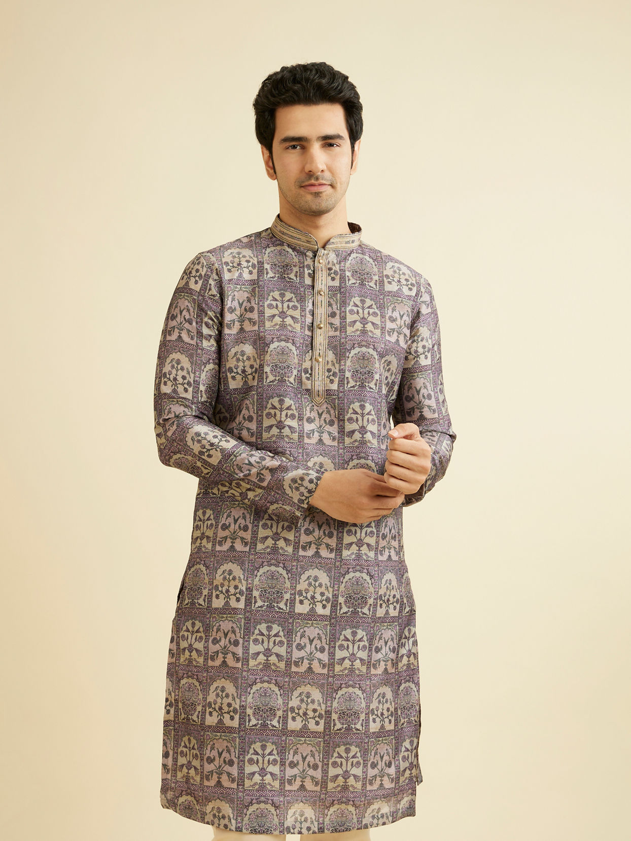 Manyavar Men Soft Lilac Tree Of Life Printed Kurta Set