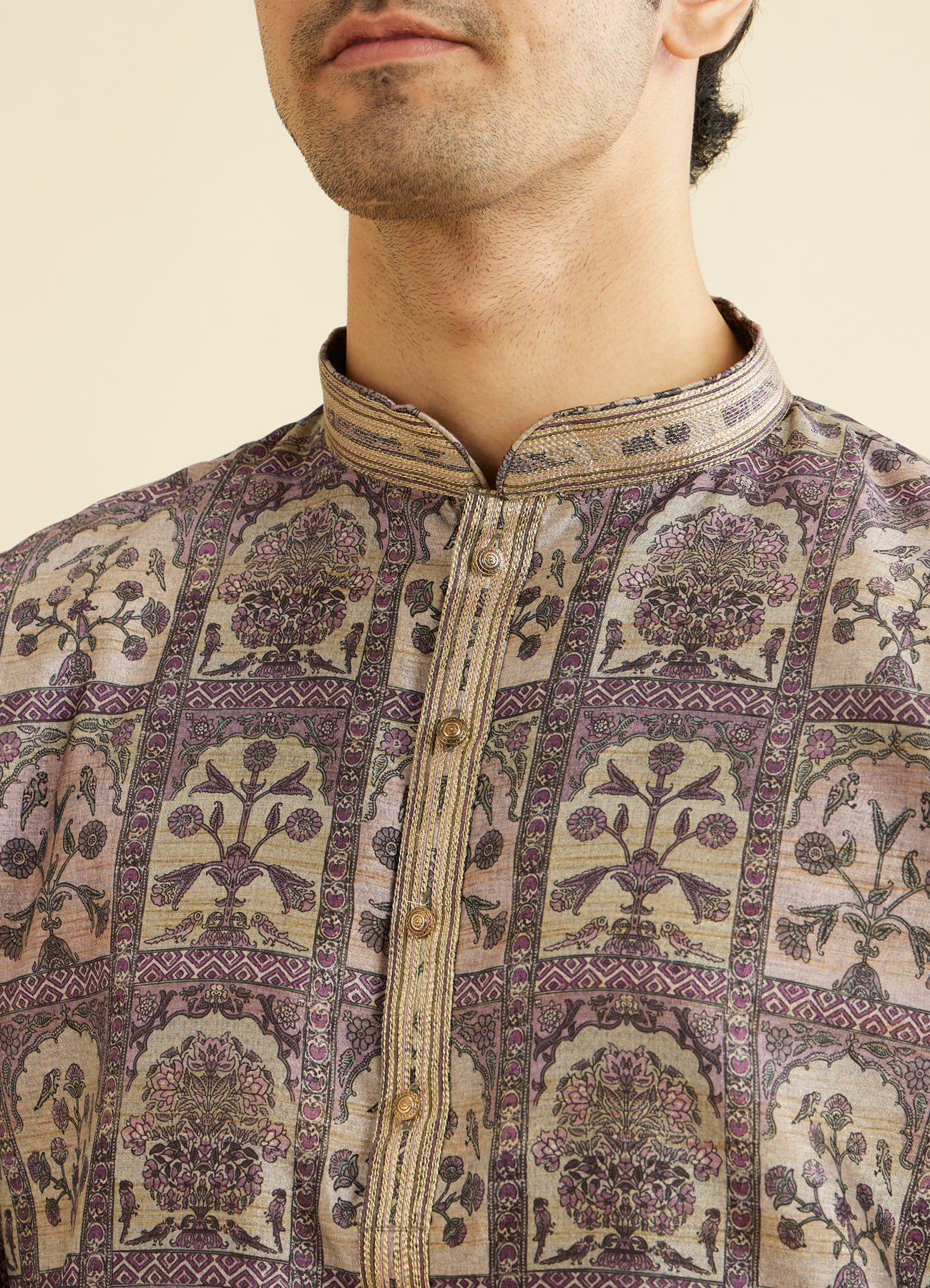 Manyavar Men Soft Lilac Tree Of Life Printed Kurta Set