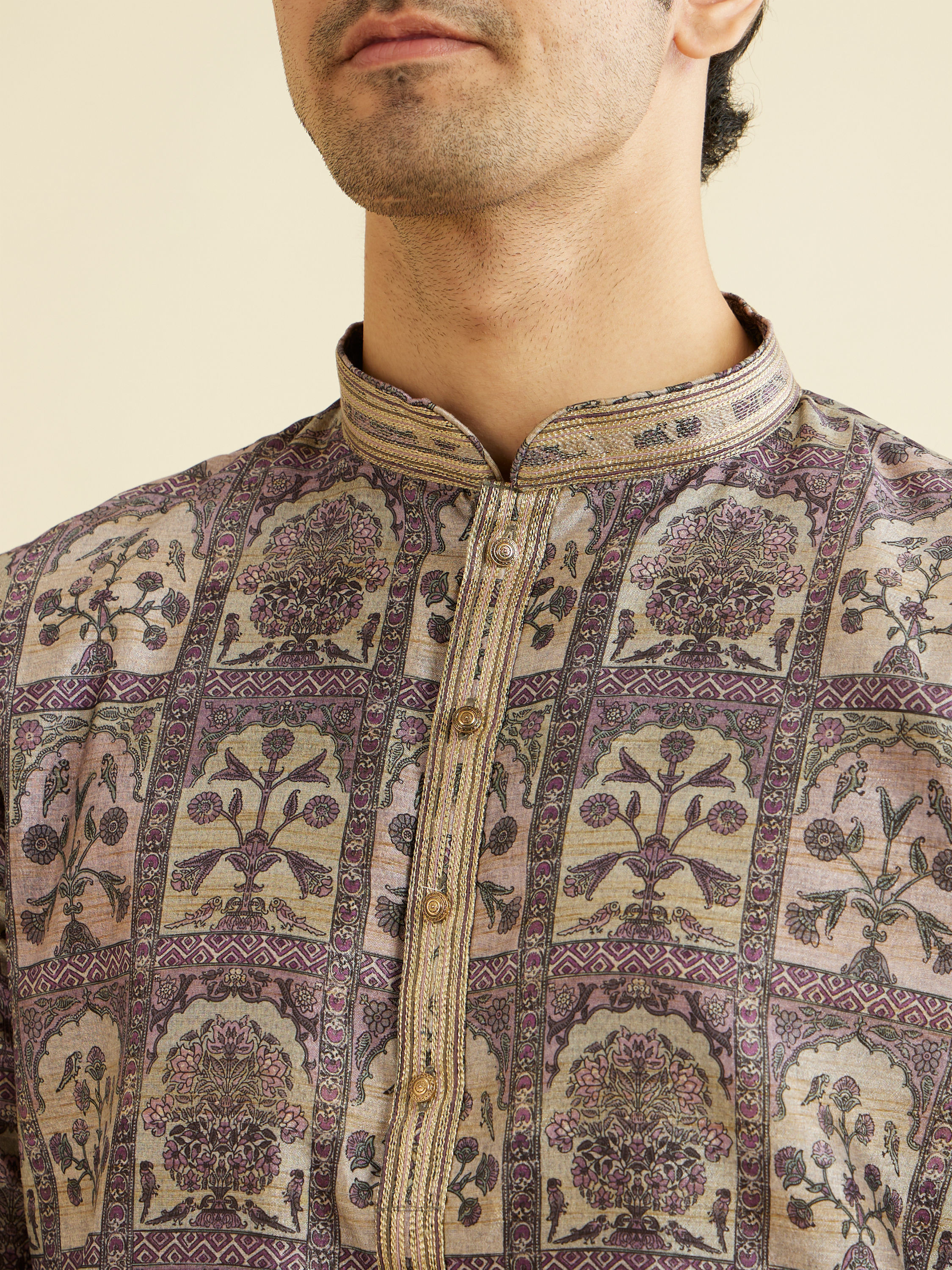 Manyavar Men Soft Lilac Tree Of Life Printed Kurta Set