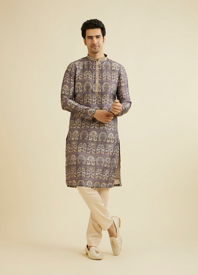 Manyavar Men Soft Lilac Tree Of Life Printed Kurta Set