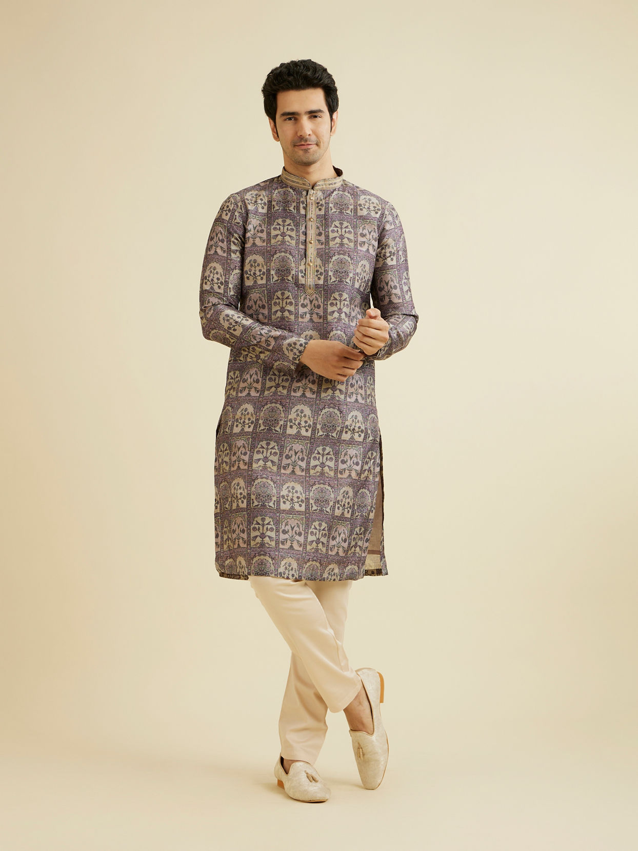 Manyavar Men Soft Lilac Tree Of Life Printed Kurta Set