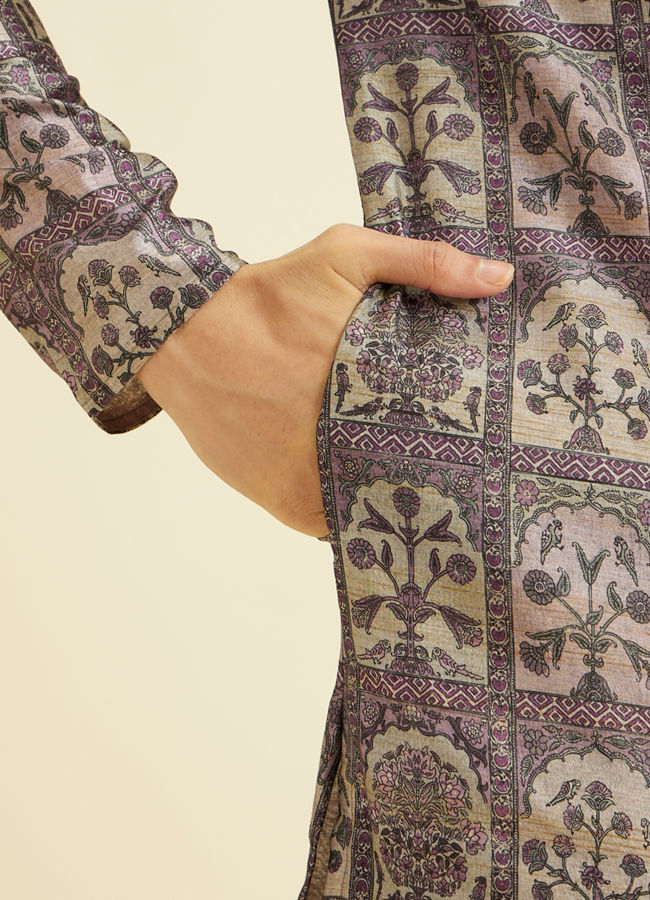 Manyavar Men Soft Lilac Tree Of Life Printed Kurta Set