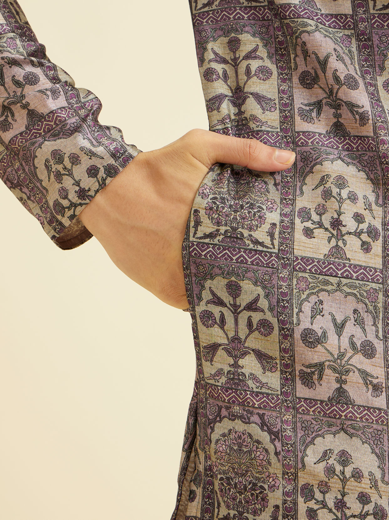 Manyavar Men Soft Lilac Tree Of Life Printed Kurta Set