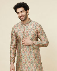 alt message - Manyavar Men Pista Green and Beige Diamond Patterned Kurta Set image number 0