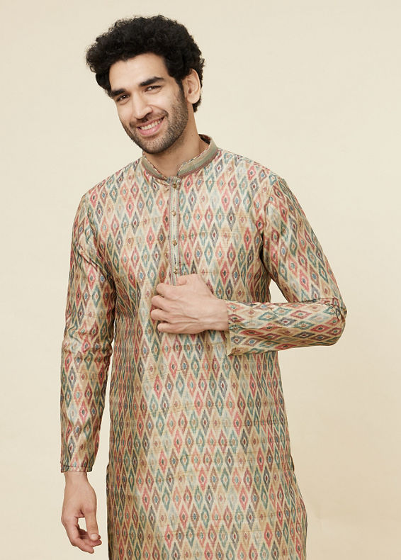 Manyavar Men Pista Green and Beige Diamond Patterned Kurta Set