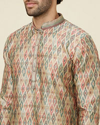 Manyavar Men Pista Green and Beige Diamond Patterned Kurta Set