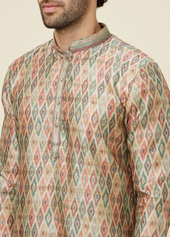 Manyavar Men Pista Green and Beige Diamond Patterned Kurta Set