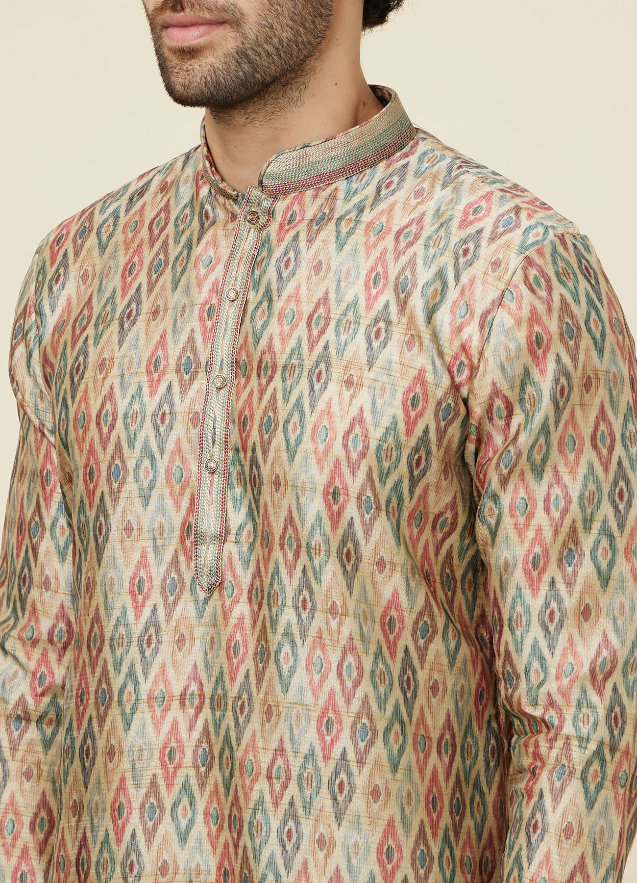 Manyavar Men Pista Green and Beige Diamond Patterned Kurta Set