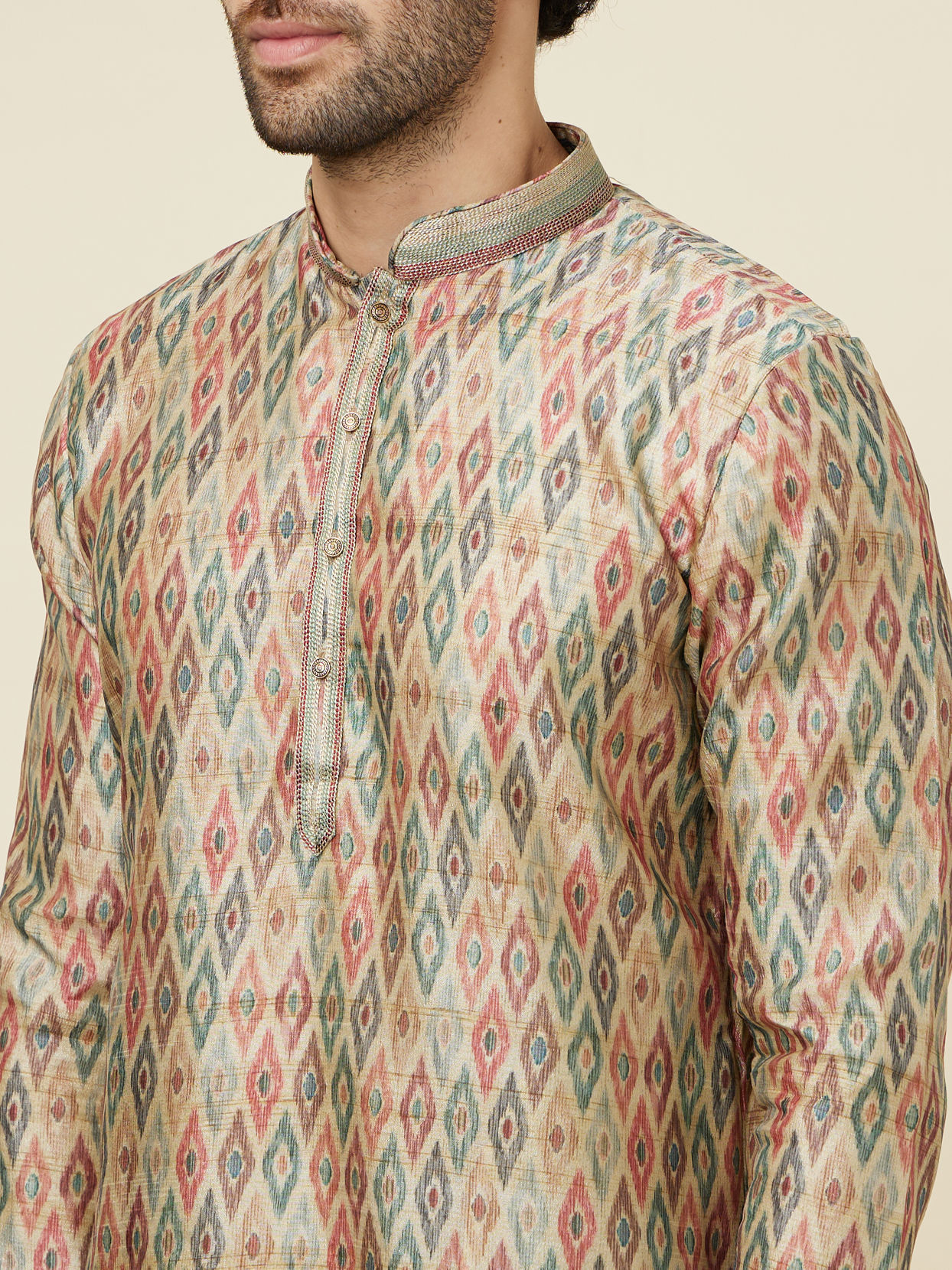 alt message - Manyavar Men Pista Green and Beige Diamond Patterned Kurta Set image number 1