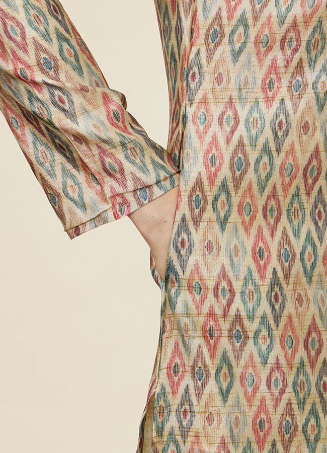 Manyavar Men Pista Green and Beige Diamond Patterned Kurta Set