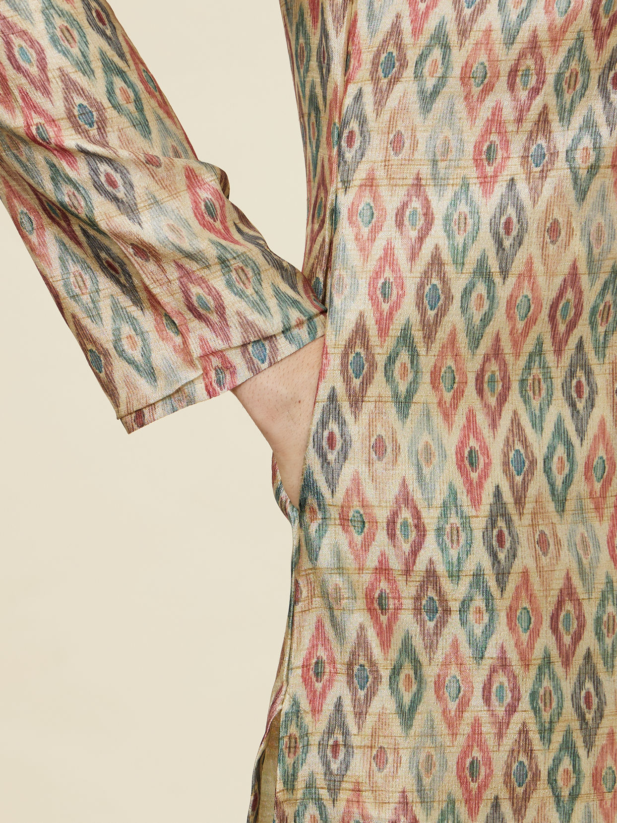 Manyavar Men Pista Green and Beige Diamond Patterned Kurta Set